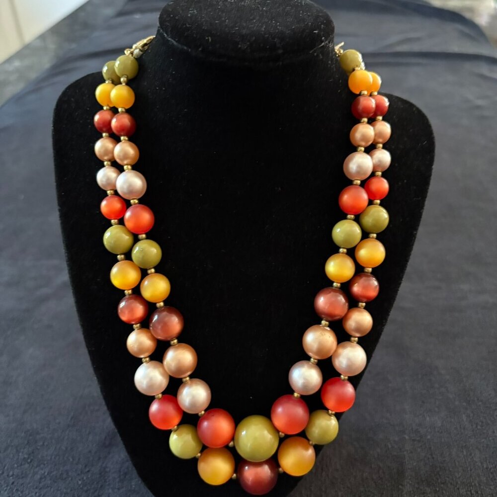 Vintage Multicolor Statement Double Strand Beaded Necklace, Autumn Colors